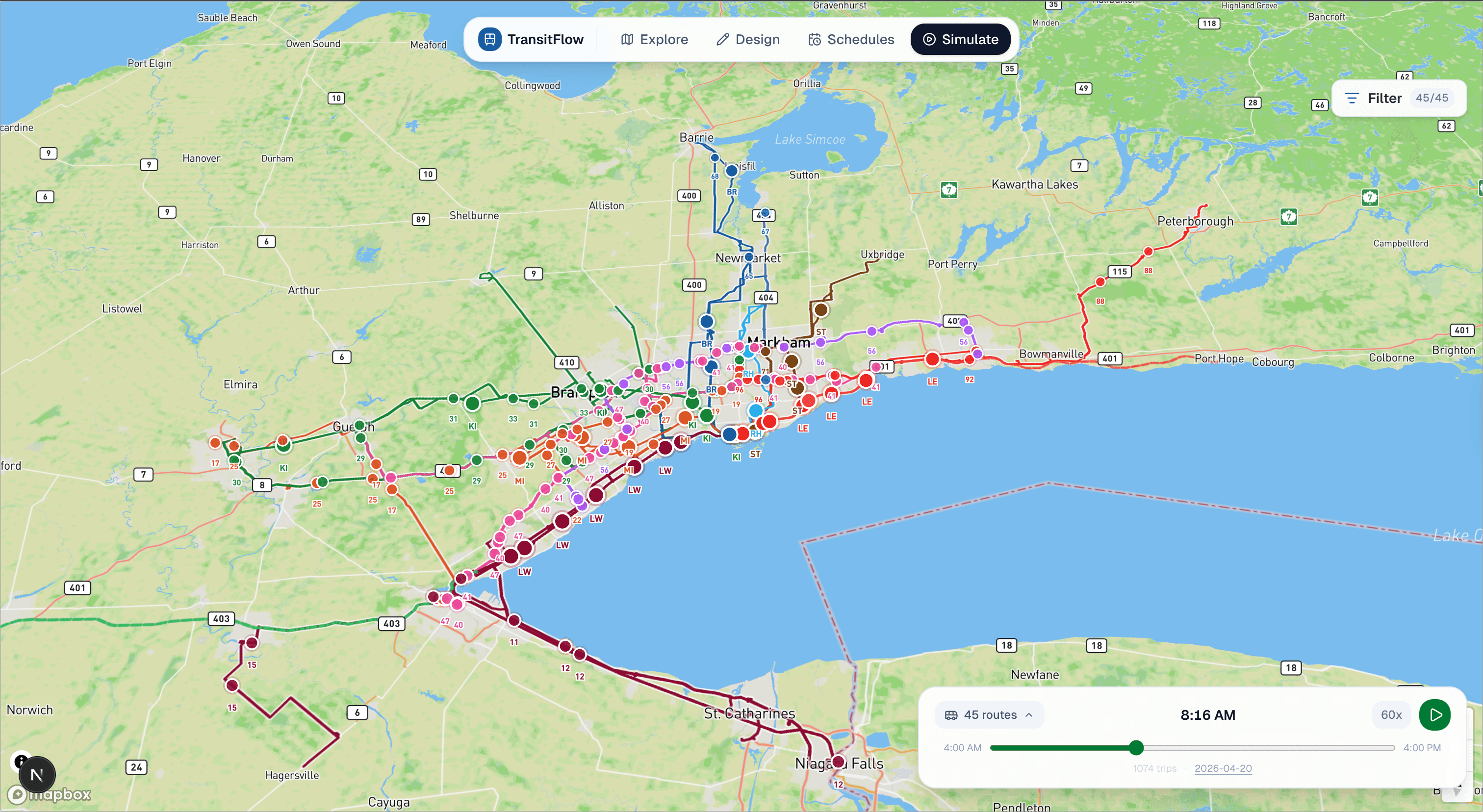 TransitFlow map showing GO Transit routes